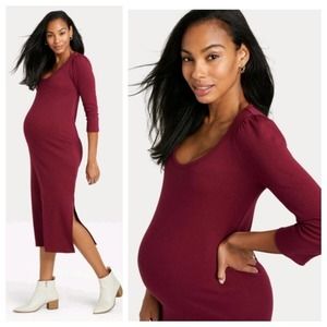 NEW The Nines by Hatch Ribbed Jersey Knit Maternity Dress Midi 3/4 Slv Wine Sz L